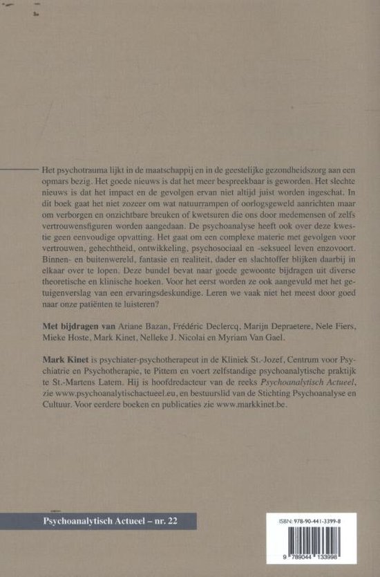 Achterkant van het boek "Trauma binnenstebuiten" met tekst en ISBN-nummer.