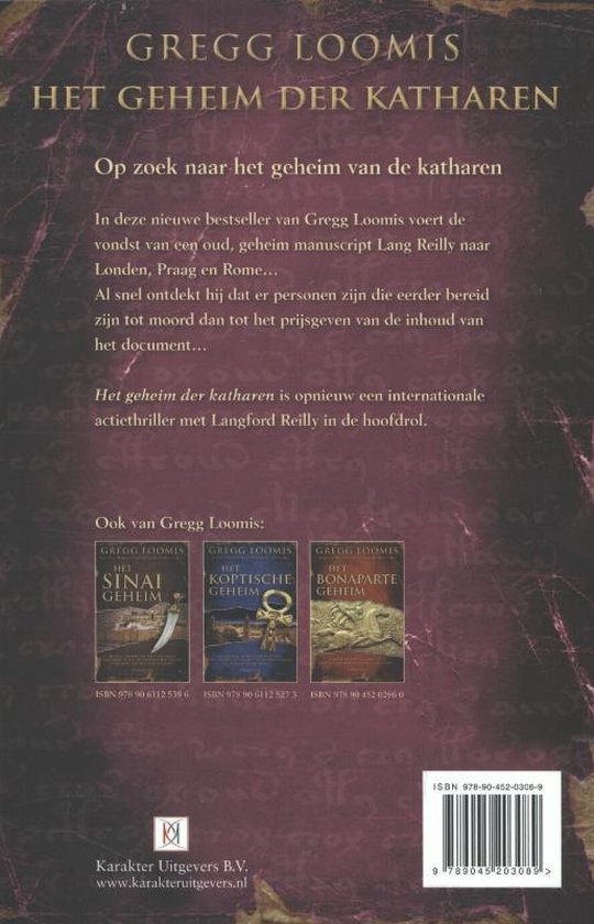 Achterkant van een boek, "Het geheim der katharen", met details over het verhaal en andere boeken.