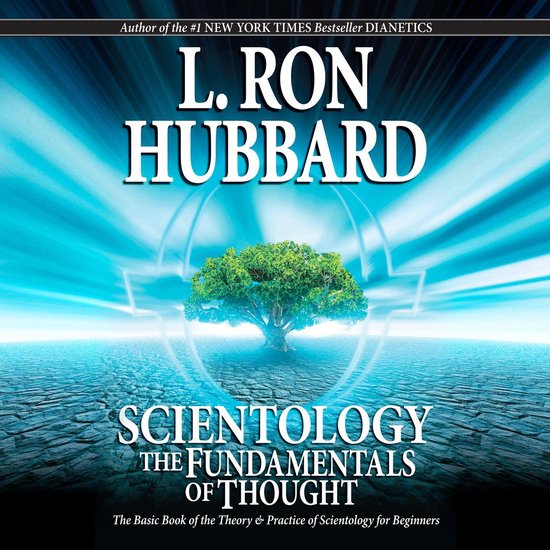 L. Ron Hubbard's Scientology: De Fundamenten van Gedachte. Een boek met een boom in het midden en een blauwe, stralende achtergrond.