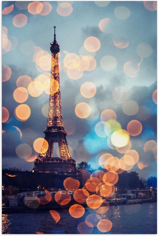 Poster – Lichtbolletjes op Foto van Eiffeltoren - Parijs - 40x60cm Foto op Posterpapier