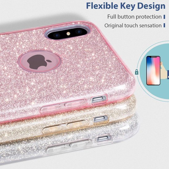 Roze, gouden en zilveren glitter telefoonhoesjes gestapeld, met duidelijke knoppen.