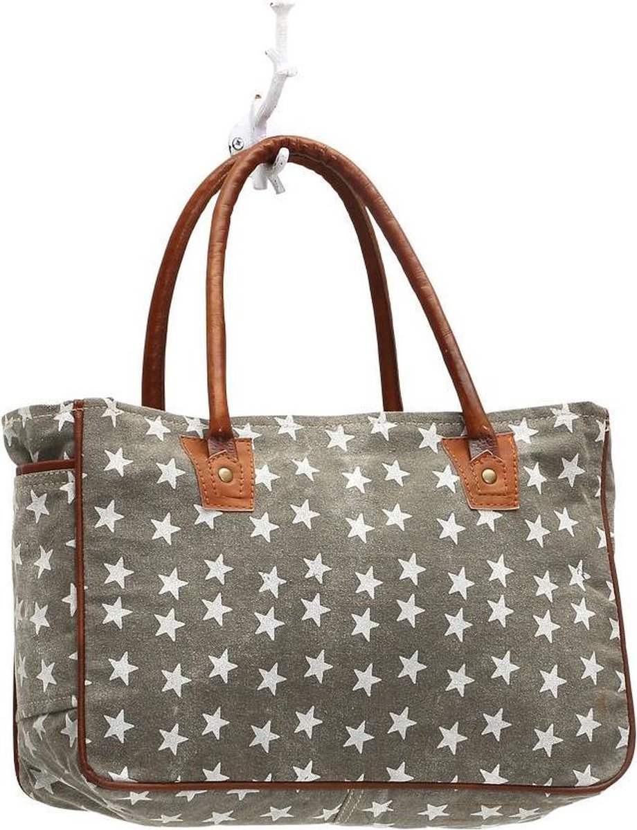Hand/schoudertas van canvas tas met sterretjes en leer