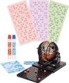 Afbeelding van het spelletje Bingo spel zwart/oranje complete set nummers 1-90 met molen, 148x bingokaarten en 2x stiften - Bingospel - Bingo spellen - Bingomolen met bingokaarten - Bingo spelen