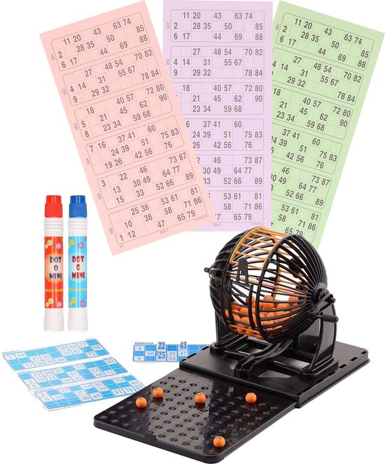 Bingo spel zwart/oranje complete set nummers 1-90 met molen, 148x bingokaarten en 2x stiften - Bingospel - Bingo spellen - Bingomolen met bingokaarten - Bingo spelen