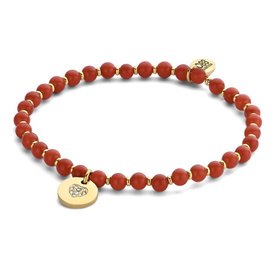 Cadeau voor haar CO88 Collection 8CB 90731 Armband Dames - Rode Natuursteen Kralen - 4mm - Metalen kraaltjes - Hangertje - Hart - Goudkleurig