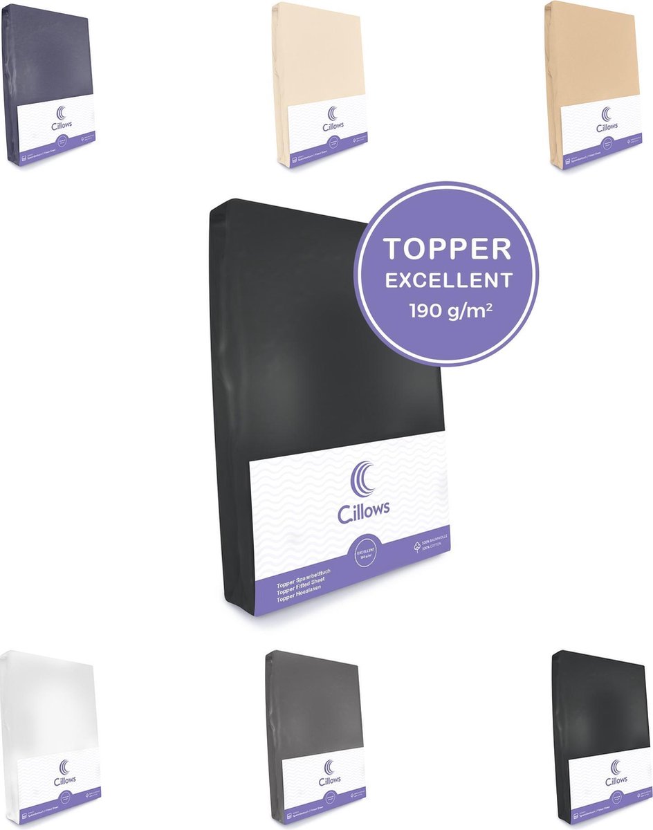 Cillows Excellent Jersey Hoeslaken voor Topper - 160x210 cm - (tot 5/12 cm hoogte) – Zwart