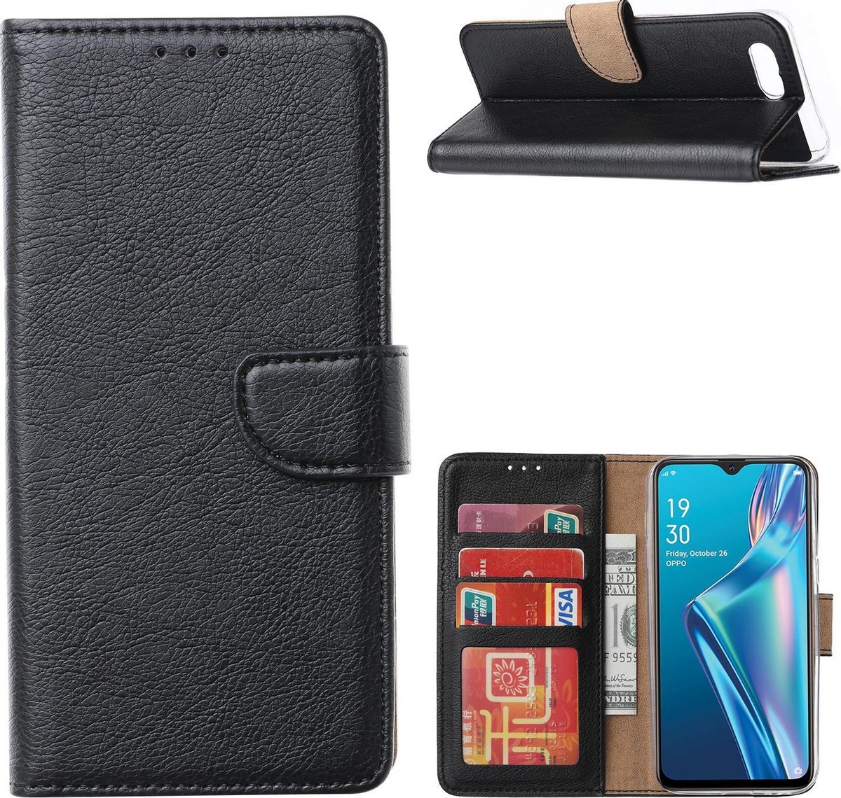 OPPO A12 Book Cover Zwart Pasjeshouder