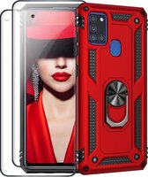 Samsung Galaxy A21S hoesje Schokbestendige ring armor met 2X volledige schermdekking Screenprotector rood