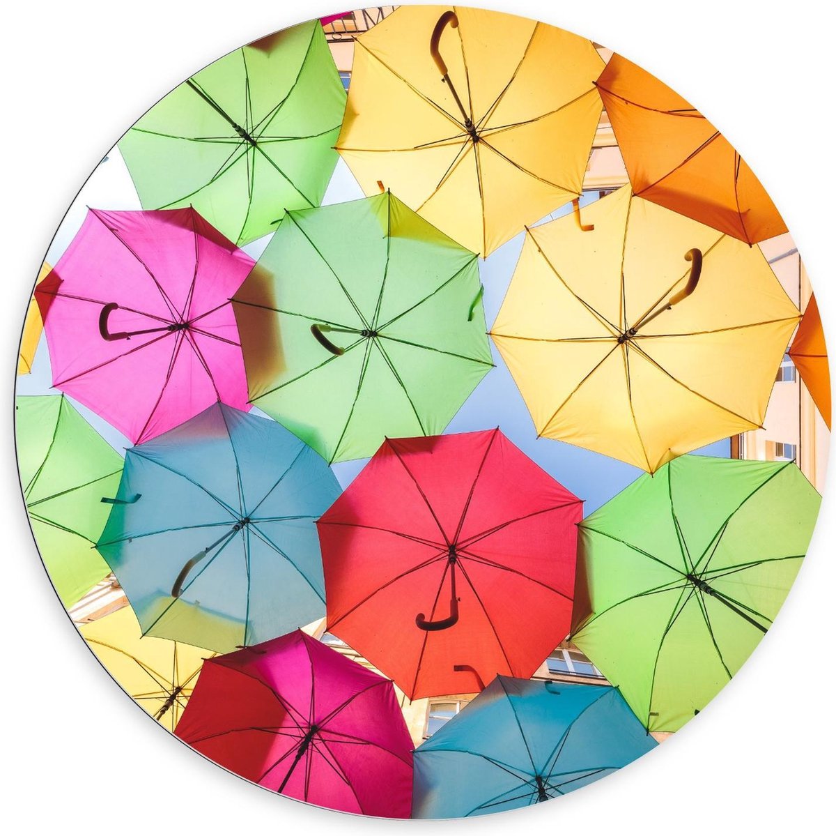 KuijsFotoprint Dibond Wandcirkel - Onderkant Gekleurde Paraplu's - 100x100cm Foto op Aluminium Wandcirkel (met ophangsysteem) Multi