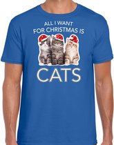 Kitten Kerstshirt / Kerst t-shirt All i want for Christmas is cats blauw voor heren - Kerstkleding / Christmas outfit 2XL