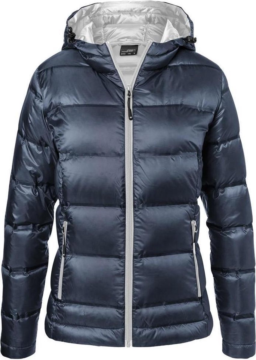 James and Nicholson Dames/dames Hooded Down Jacket Marine Zilver