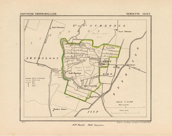 Foto: Historische kaart plattegrond van gemeente graft in noord holland uit 1867 door kuyper van kaartcadeau com