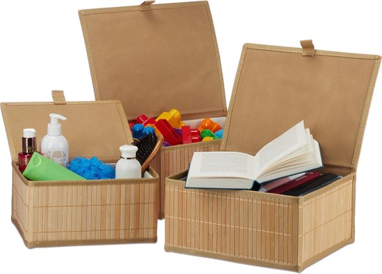 panier de rangement relaxdays - lot de 3 - bambou - ensemble panier - salle de bain - boîte de rangement Naturel