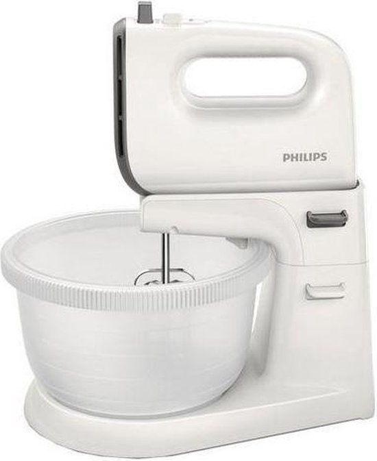Witte Philips handmixer met transparante mengkom.