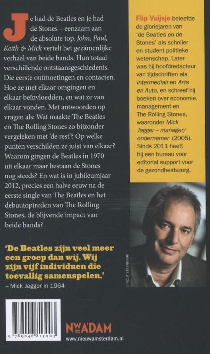 Foto van Flip Vuijtsje, met tekst over zijn boek "John, Paul, Keith & Mick".