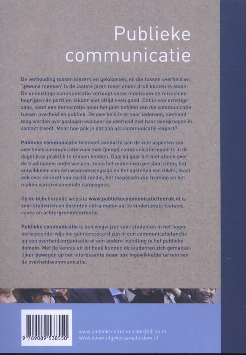 Achterkant van het boek "Publieke communicatie", met tekst en streepjescode.