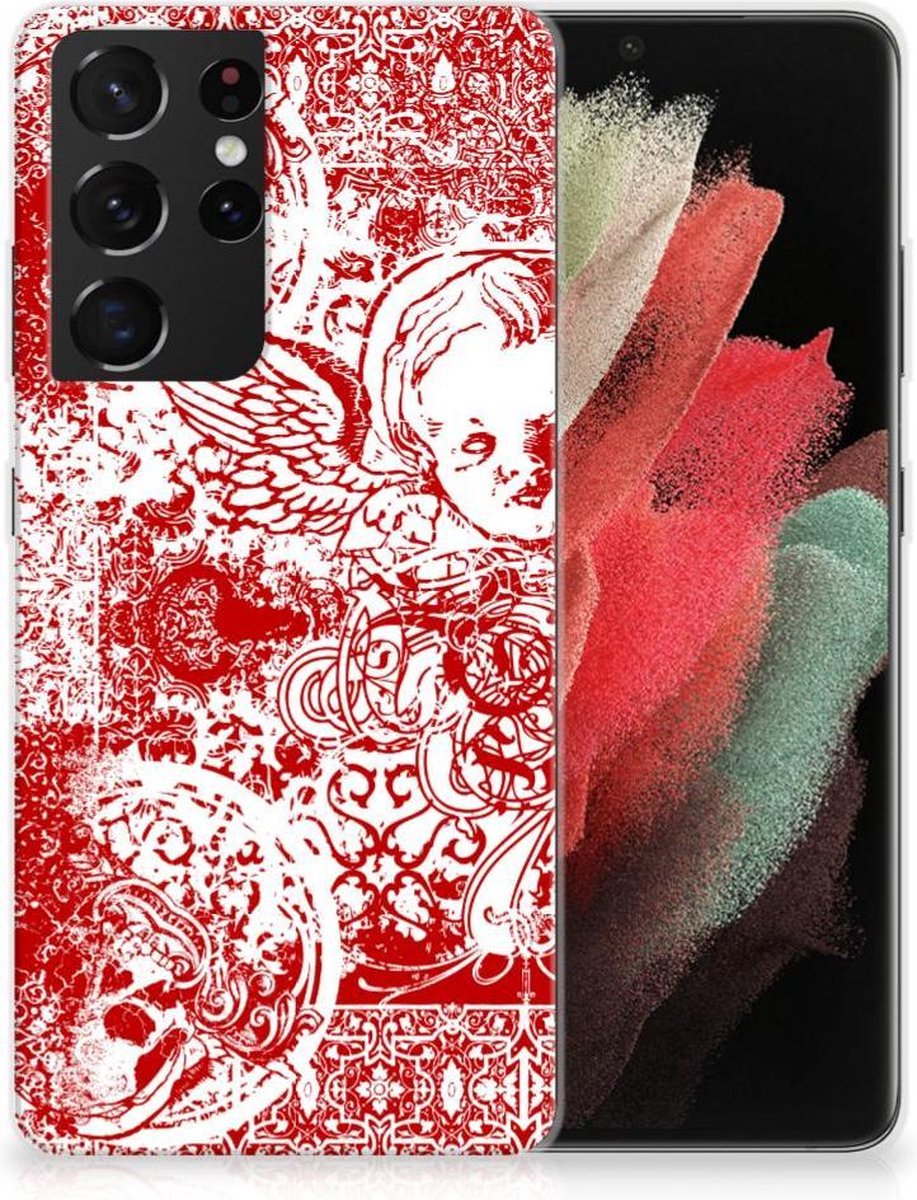 Silicone Back Case Samsung Galaxy S21 Ultra Angel Skull Rood