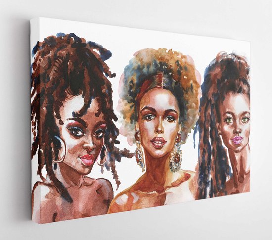 Watercolor beauty African women. Coloring fashion illustration. Hand drawn portrait of beautiful girls on white background - Modern Art Canvas - Horizontal - 1085156564 - 115*75 Horizontal