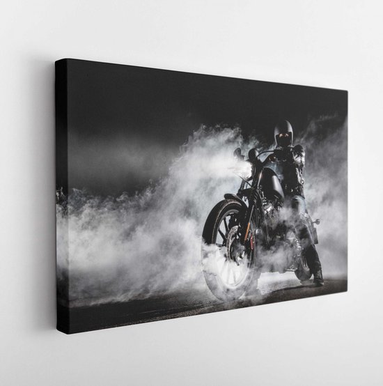 High power motorcycle chopper with man rider at night. Fog with backlights on background.  - Modern Art Canvas  - Horizontal - 647007121 - 115*75 Horizontal