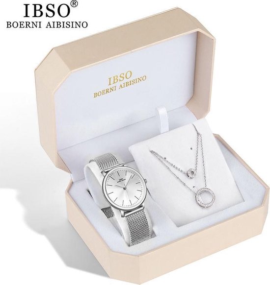 Boerni Aibisino Horloge en Ketting Zilver kleur luxe geschenk set | Crystal glass | Premium kwaliteit uurwerk Quartz Japan | Mineraal | Geschenk | Fashion | Elegant | Dames | Vrouw |  Black Friday