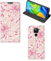 Magnet Case Xiaomi Redmi Note 9 Telefoon Hoesje Roze Bloemen