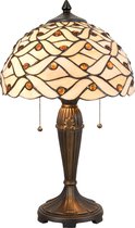LumiLamp Tiffany Tafellamp Ø 30*50 cm E27/max 2*40W Beige, Bruin Glas in lood HalfRond Tiffany Bureaulamp Tiffany Lampen