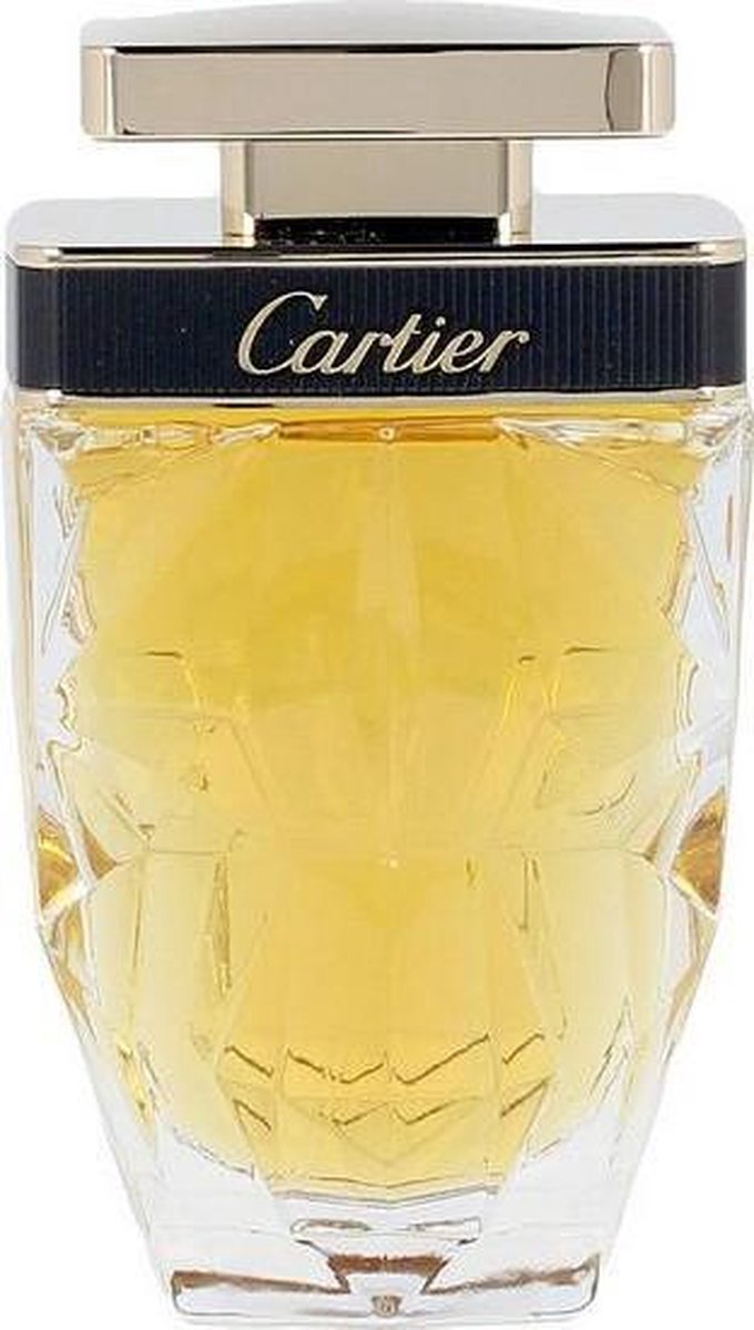 Cartier La Panthère parfumfles van glas met facetten, gouden dop en zwarte band met Cartier logo.