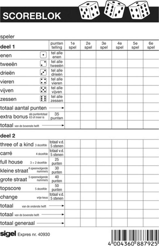 Expres Scoreblok Sigel voor Yahtzee