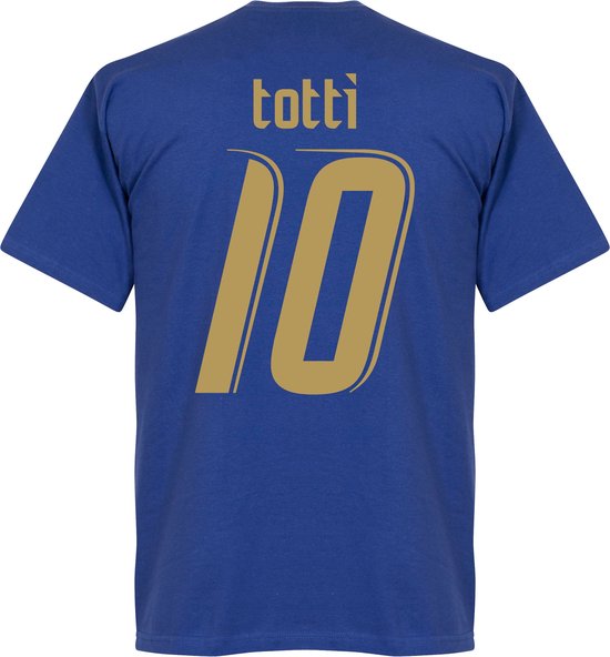 Blauw T-shirt met op de rug 'totti' en groot het gouden cijfer '10'.