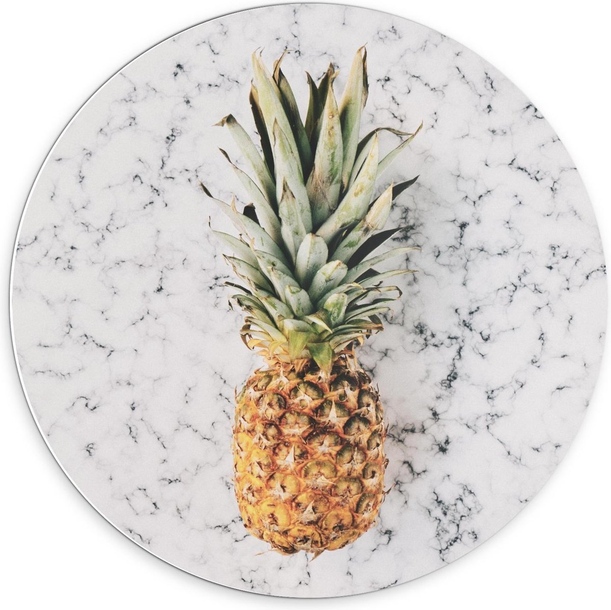 KuijsFotoprint - Schilderij - Ananas Met Marmer Achtergrond - Zwart, Wit, Groen En Geel - 70 X 70 Cm