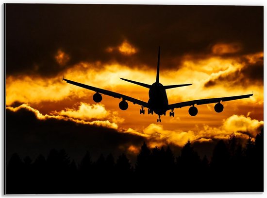 Dibond - Silhouet van Vliegtuig door de Zon - 40x30cm Foto op Aluminium (Met Ophangsysteem)