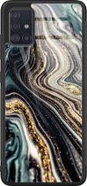 Samsung A51 hoesje glas - Marmer swirl - Hard Case - Zwart - Backcover - Marmer - Blauw