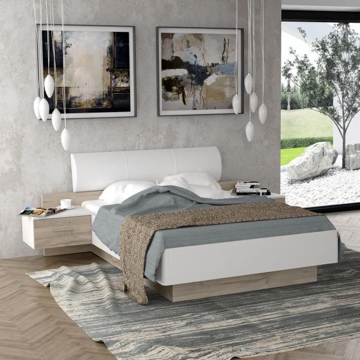 MOROLLA Bed 140x190 cm met 2 nachtkastjes + imitatie hoofdeinde - Wit