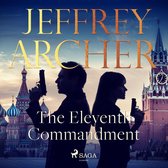 Boekomslag van "The Eleventh Commandment" van Jeffrey Archer met twee silhouetten die wapens vasthouden tegen een achtergrond van Moskou.