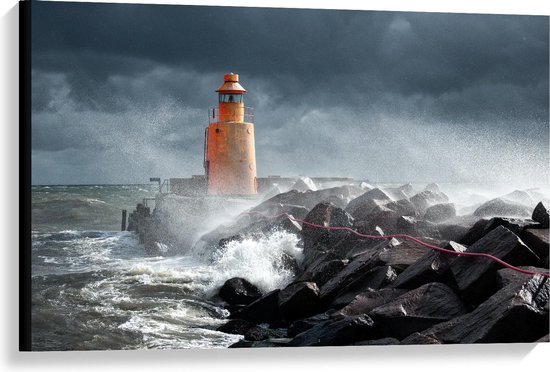 Canvas  - Storm bij Vuurtoren - 90x60cm Foto op Canvas Schilderij (Wanddecoratie op Canvas)