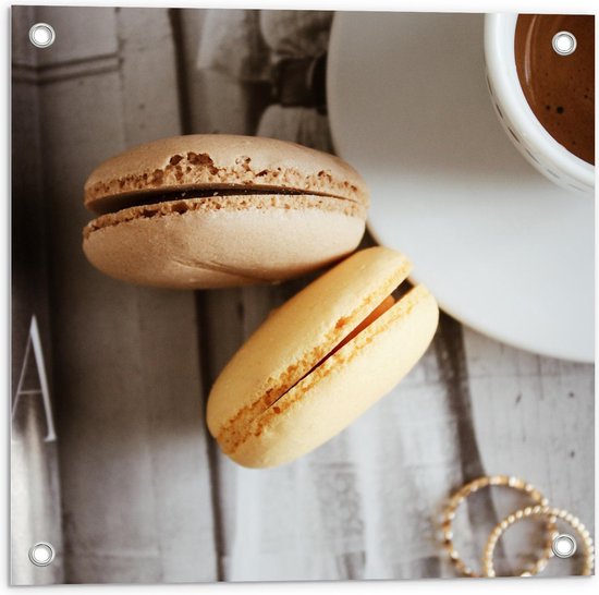 Tuinposter – Lekkere Macarons  - 50x50cm Foto op Tuinposter  (wanddecoratie voor buiten en binnen)