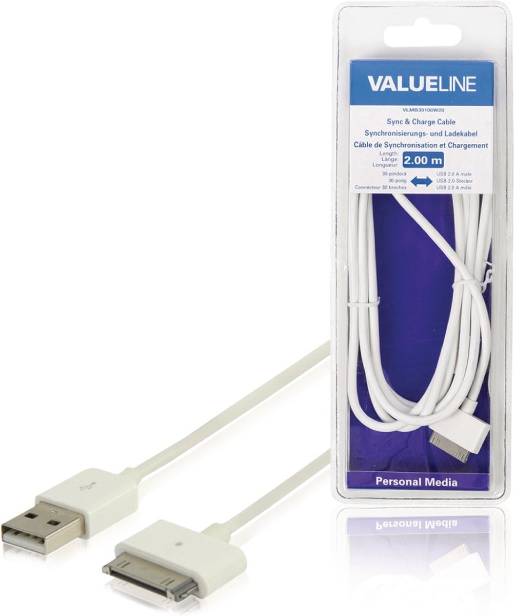 Data en Oplaadkabel Apple Dock 30-Pins - USB A Male 2.00 m Wit - Valueline