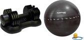 Tunturi - Fitness Set - Verstelbare Dumbbellset 12,5 kg - Gymball Zwart met Anti Burst 55 cm