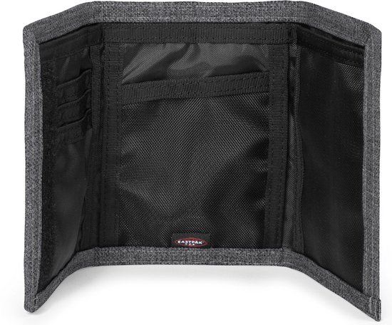 Portefeuille Eastpak gris, ouvert, avec compartiments.