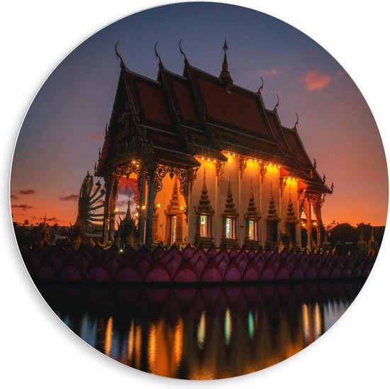 Forex Wandcirkel - Wat Plai Laem Tempel in Thailand - 80x80cm Foto op Wandcirkel (met ophangsysteem)