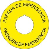 Noodstop / Emergency stop kunststof, geel, met gat, 7 talen Ø 75 mm Kunststof Spaans-Portugees
