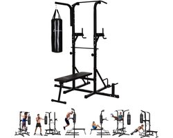 Power Tower - Krachtstation - Home gym - Pull up bar - Dip station - Halterbank - Inclusief bokszak