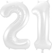 De Ballonnenkoning - Folieballon Cijfer 21 Wit Metallic Mat - 86 cm