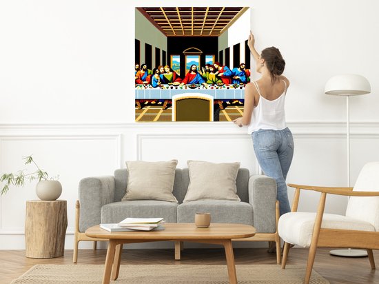 Pixel art laatste avondmaal schilderij | Het Laatste Avondmaal herschapen met kleurrijke pixels in kunstwerk | Kunst - 80x80 centimeter op Dibond | Foto op Dibond