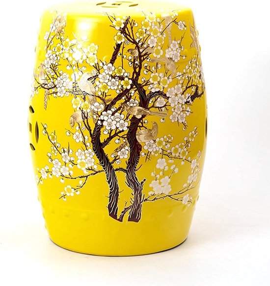 Fine Asianliving Keramische Kruk Yellow Blossoms Handmade - Hikari D30xH45cm Keramiek Bijzettafel Porselein Stoel Tuinkruk