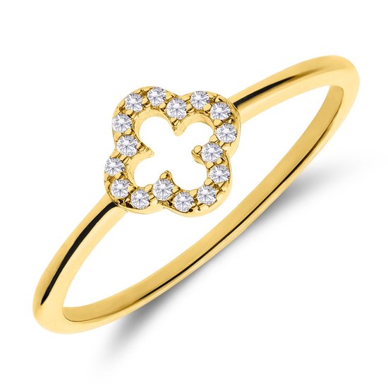 Lucardi Dames Zilveren goldplated ring klaver zirkonia - Ring - 925 Zilver - Goudkleurig - 17.50 / 55 mm