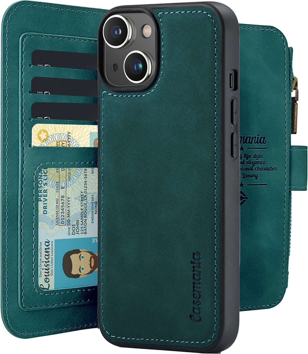 CaseMania Bookcase hoesje geschikt voor iPhone 15 Plus - Effen Groen - Kunstleer - Portemonnee met 14 Vakjes voor Pasjes en Ritsvak