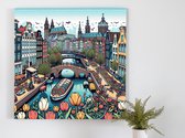 Modern amsterdam schilderij | Urban Elegance: A Contemporary Amsterdam Cityscape Masterpiece | Kunst - 60x60 centimeter op Canvas | Foto op Canvas