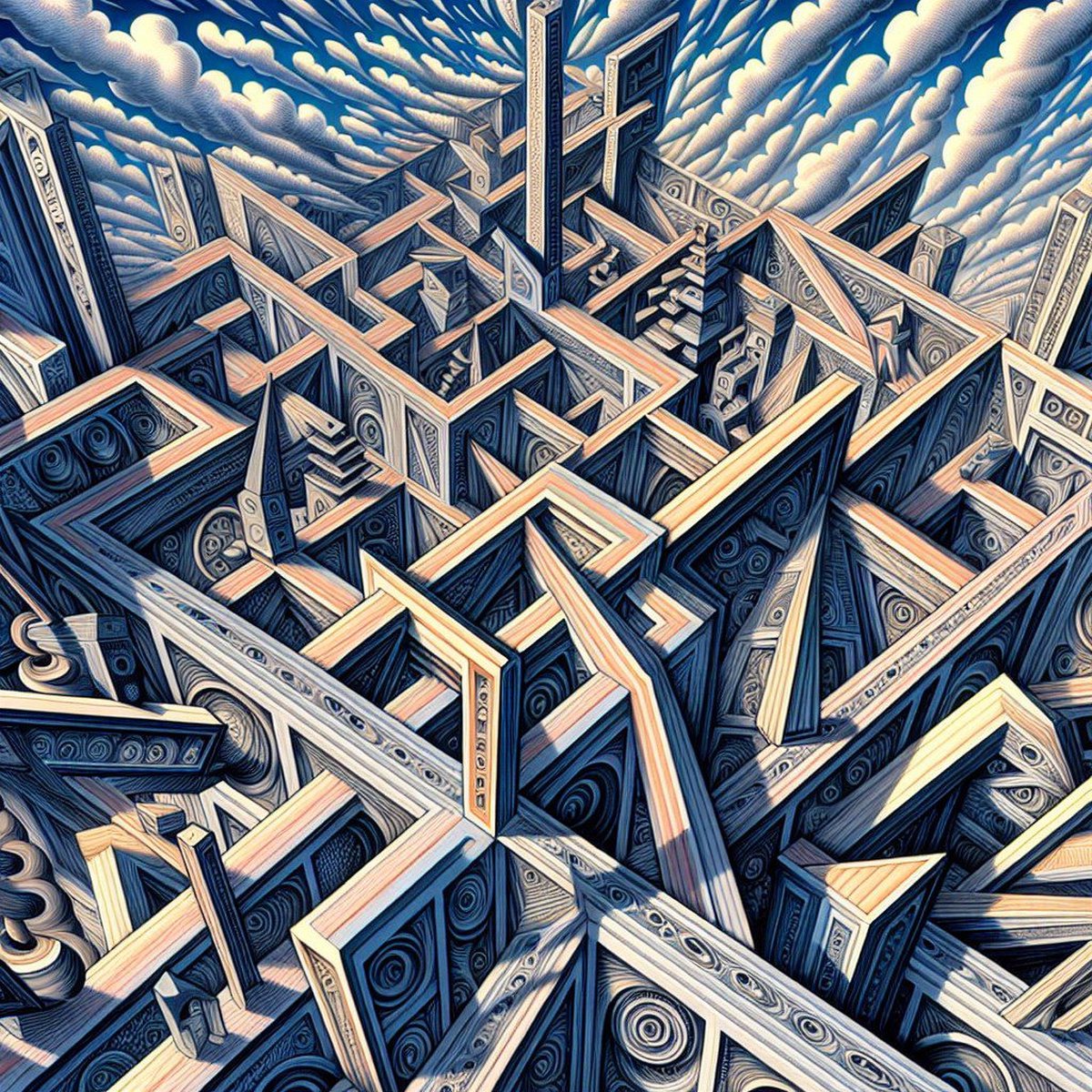 Muurafbeelding Kunstdruk Op Canvas - Escher Tekening Litografie Moderne Kunst Illusie 83 Cm X 60 Cm