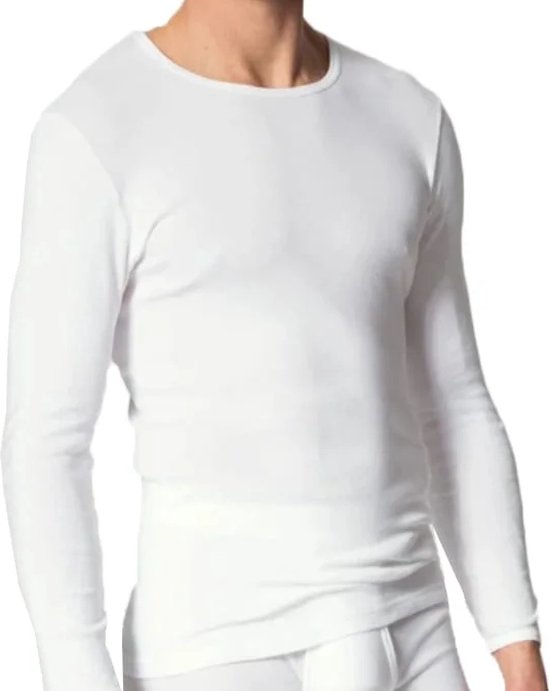 Wit heren T-shirt met lange mouwen en ronde hals, aansluitend model. Gemaakt van zachte 100% katoen.